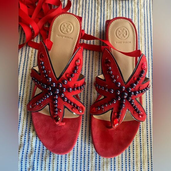 Tory Burch Suede Red Beaded Women's Sandals Sz 9 - Picture 1 of 8